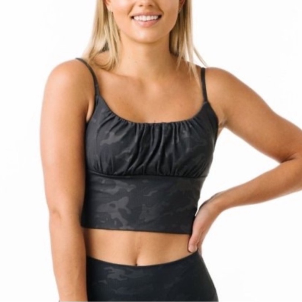 ZYIA Active Size XS Black Battleship Camo Luxe Ruched Bra Athletic NEW